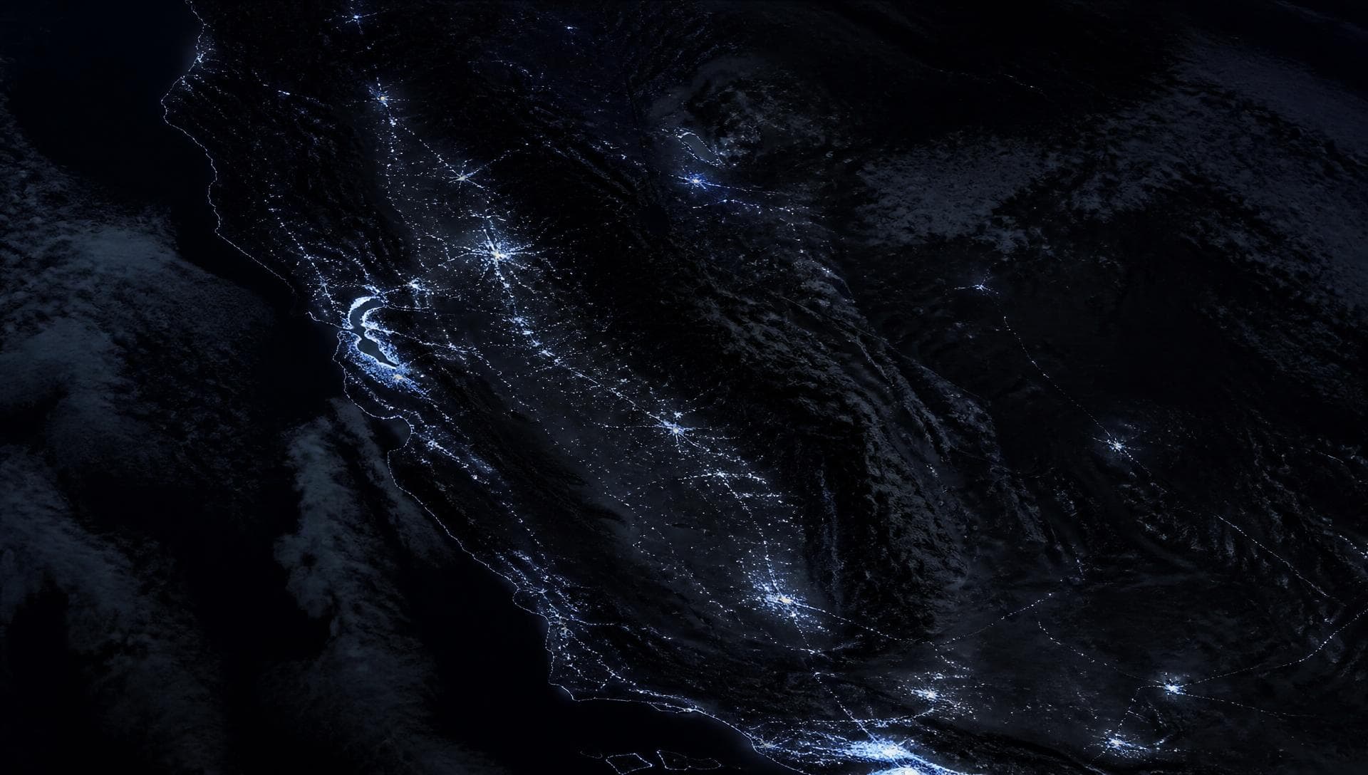 Nighttime satellite view of California with city lights