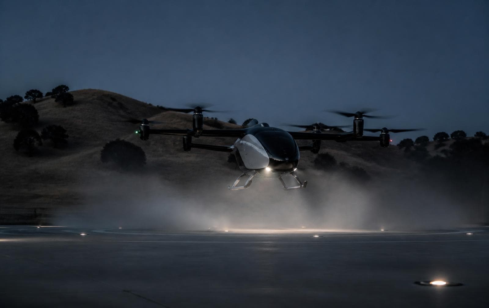 eVTOL aircraft lifting off from a vertipad