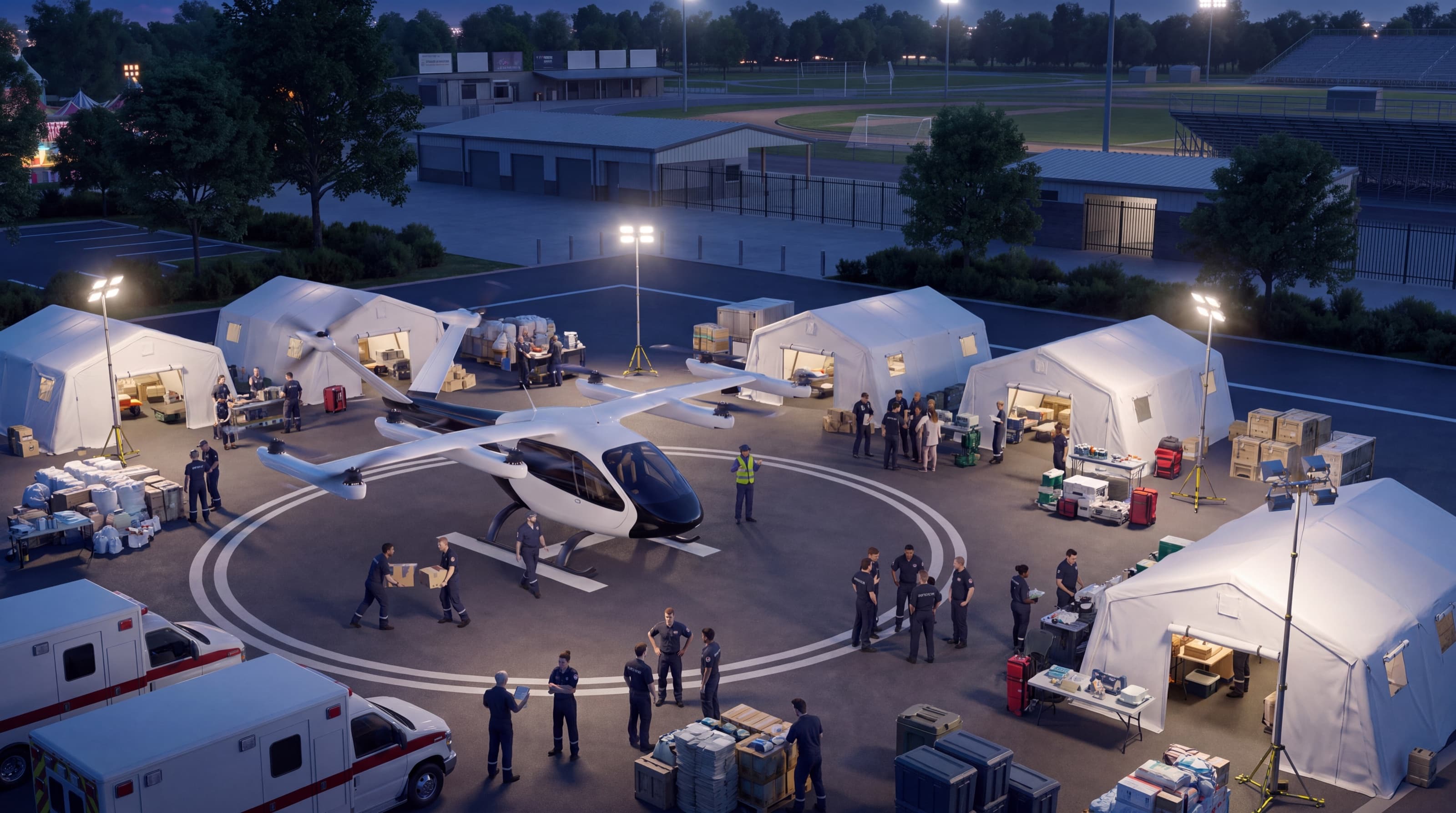 Emergency responders using the same fairground eVTOL landing area at night