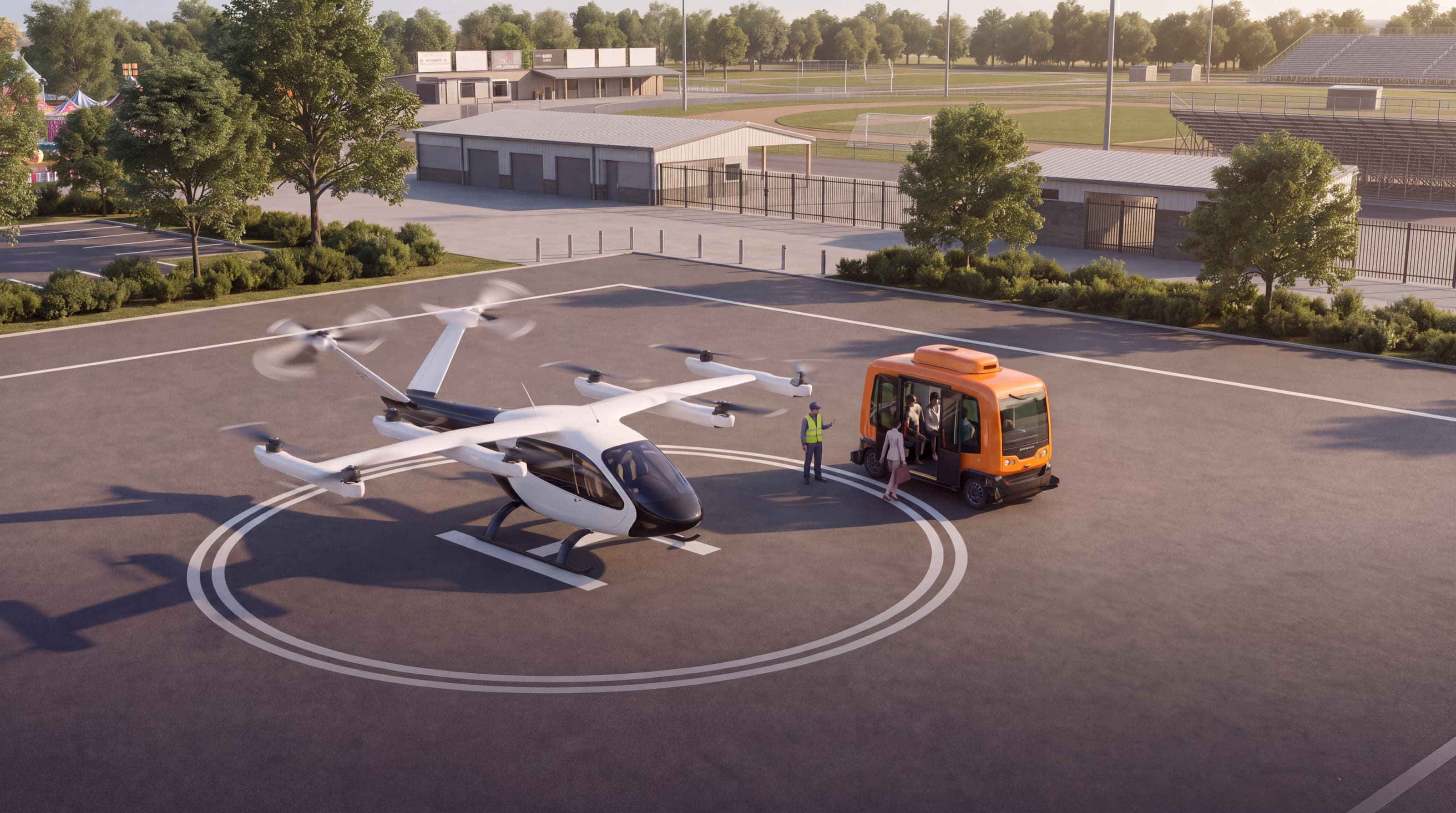 Passengers boarding an eVTOL aircraft at a California fairground during daytime operations
