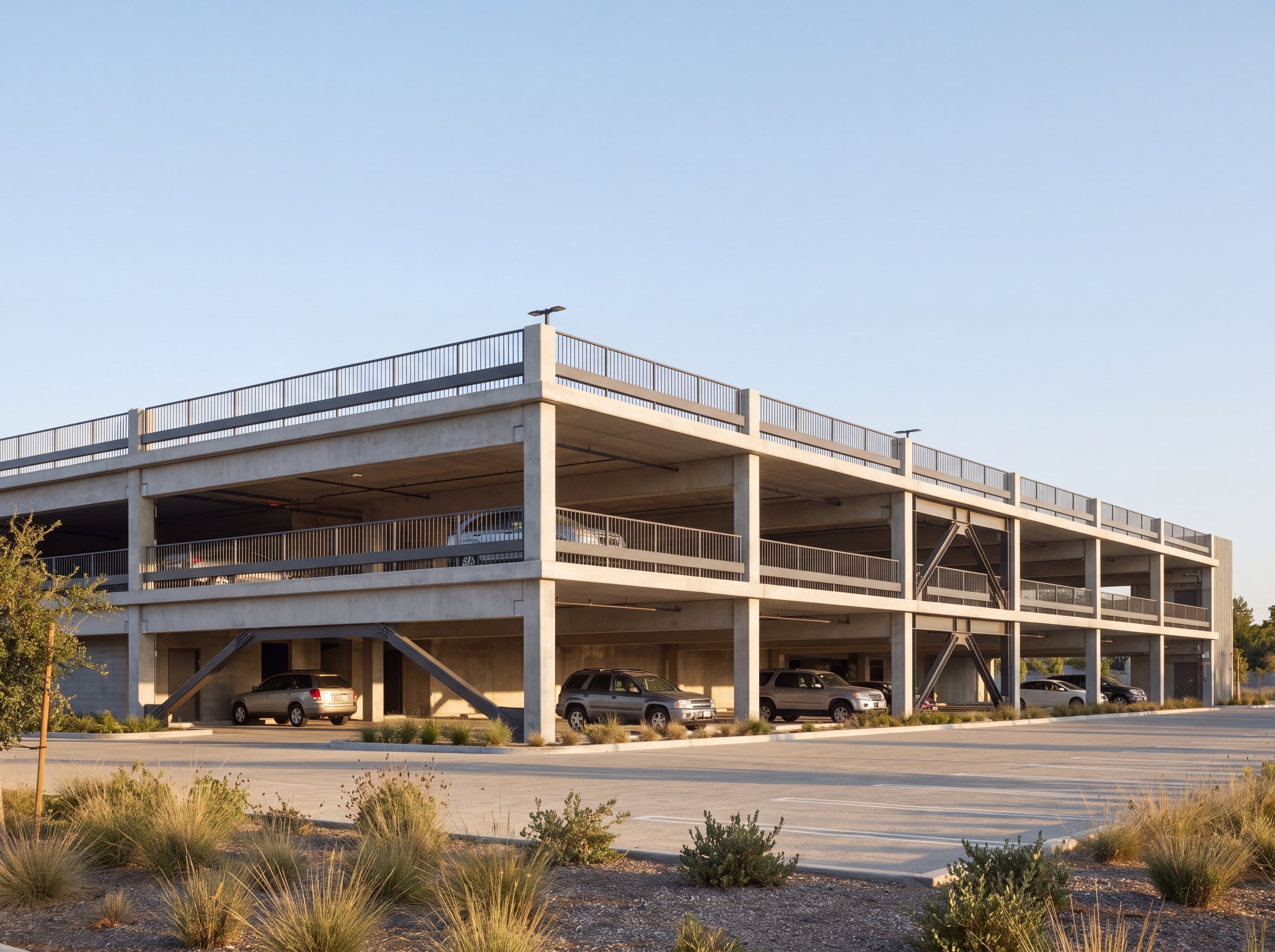 Multi-level parking structure with seismic bracing and landscaped surroundings